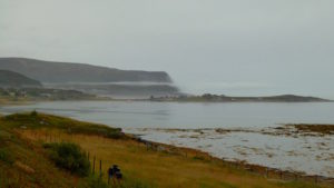 Herbstlicher Fjord mit Nebel